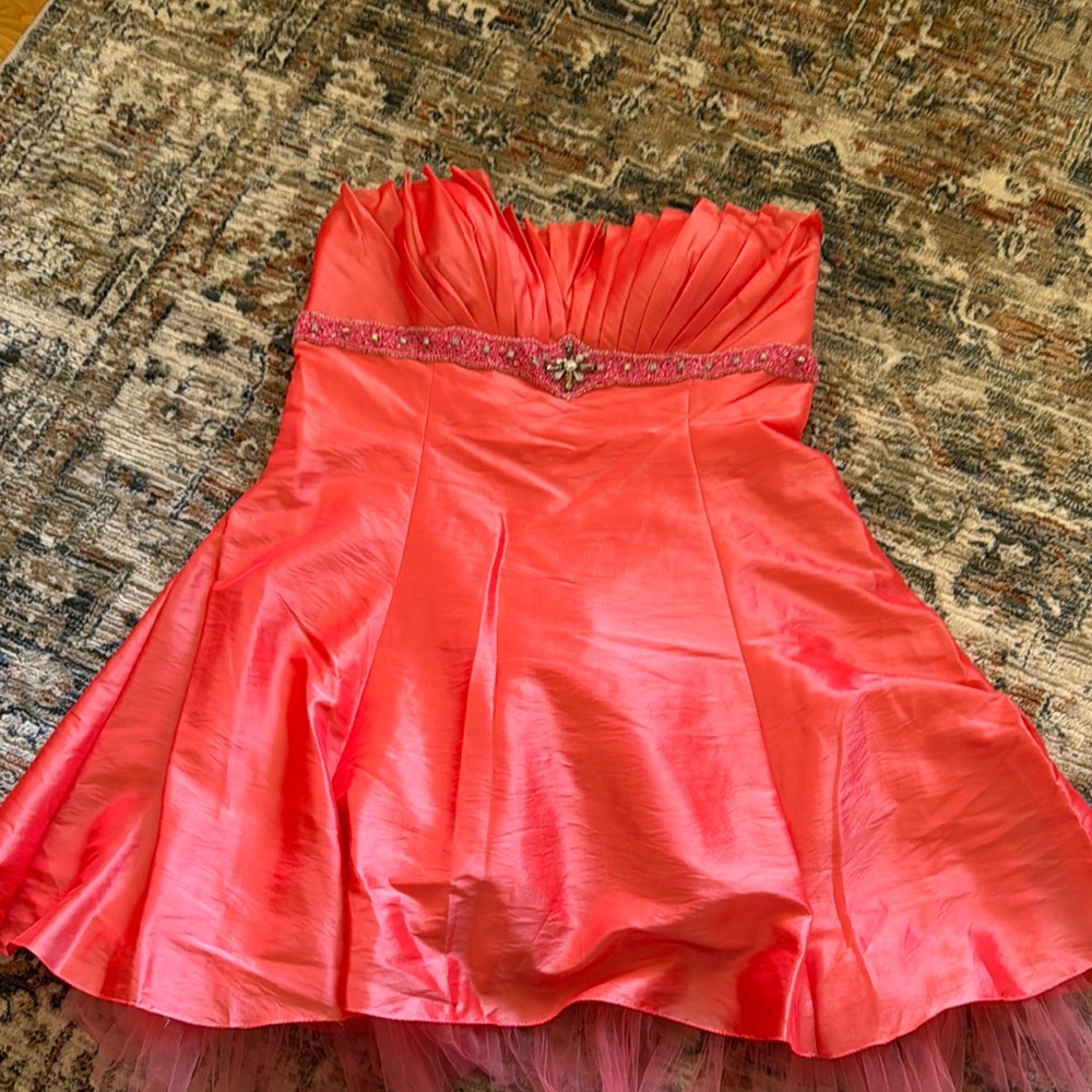 Strapless Coral Dress with Embellished Waist